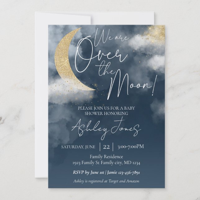 Invitación para Baby Shower Over The Moon (Anverso)