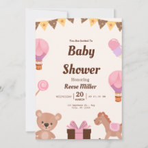 Invitación para Baby Shower Pastel – Globos, Oso y
