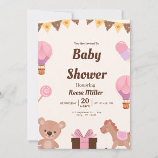 Invitación para Baby Shower Pastel – Globos, Oso y