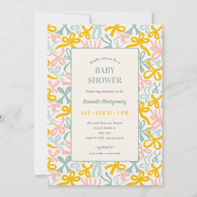 Invitación para baby shower Pastel Ribbons and Bow (Anverso)
