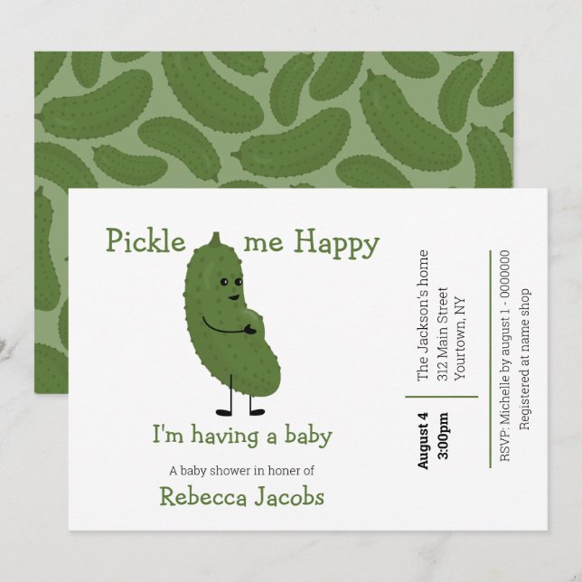 Invitación para Baby Shower Pickle me Happy (Anverso / Reverso)