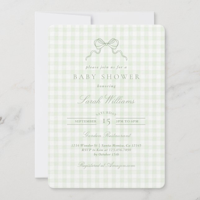 invitación para baby shower Sage Bow Baby (Anverso)