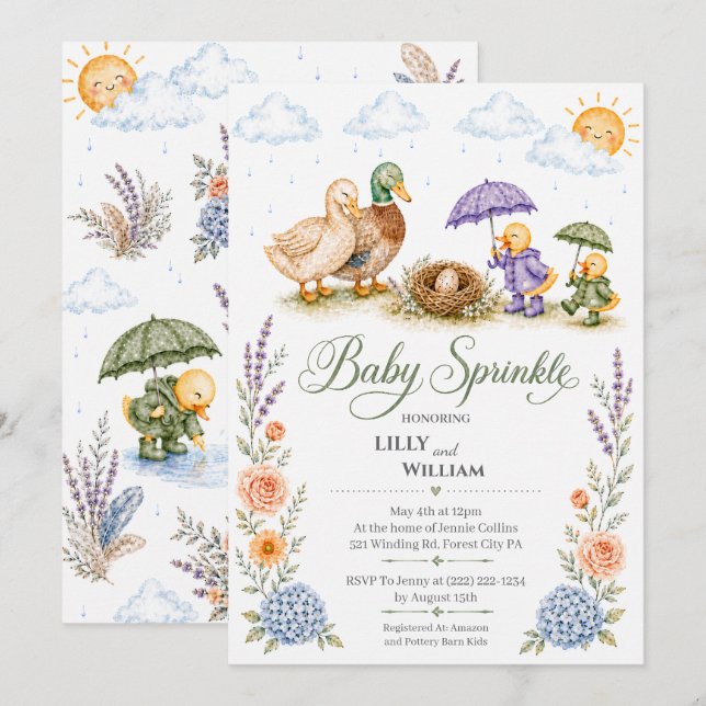 Invitación para Baby Sprinkle de dos hermanos de l (Anverso / Reverso)