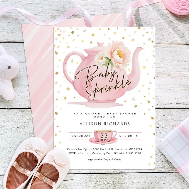 Invitación para Baby Sprinkle Fiesta del Té Rosa (Pink Tea Party Baby Shower)