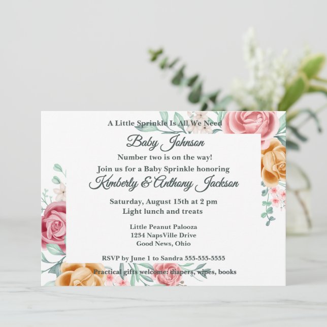 Invitación para Baby Sprinkle Rosa Dorada (Anverso de pie)