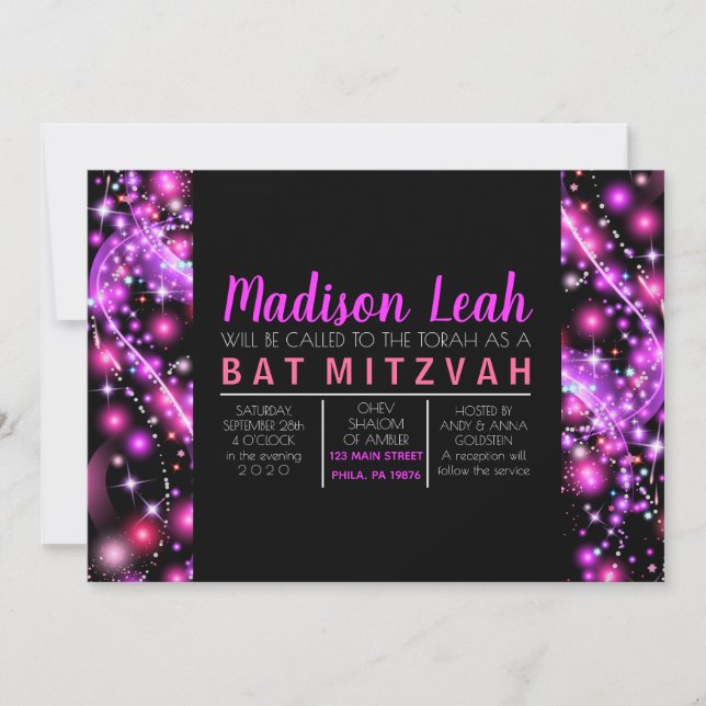 INVITACIÓN PARA BAR MITZVAH DE ESTRELLAS ROSADAS R (Anverso)