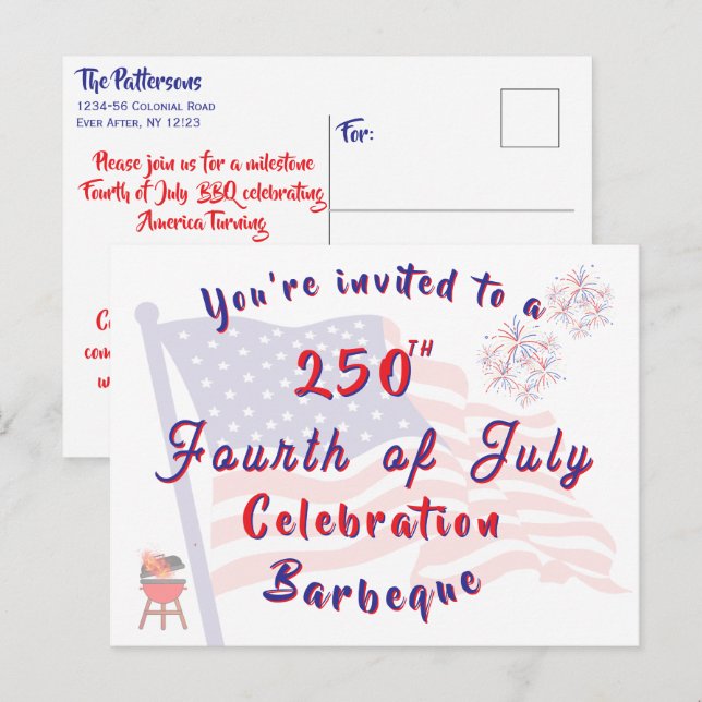 Invitación para Barbacoa del 4 de Julio con Letra  (Anverso / Reverso)