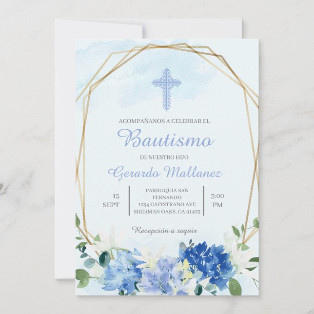 Invitación para bautismo con cruz para niño (Anverso)
