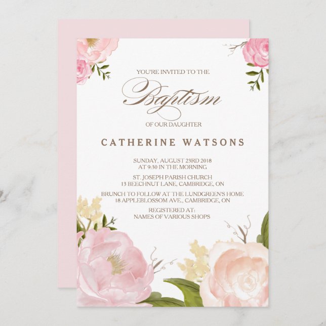 Invitación para bautismo con detalles florales en  (Anverso / Reverso)