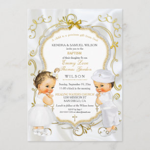Invitación para bautizo con dos niños gemelos. Det