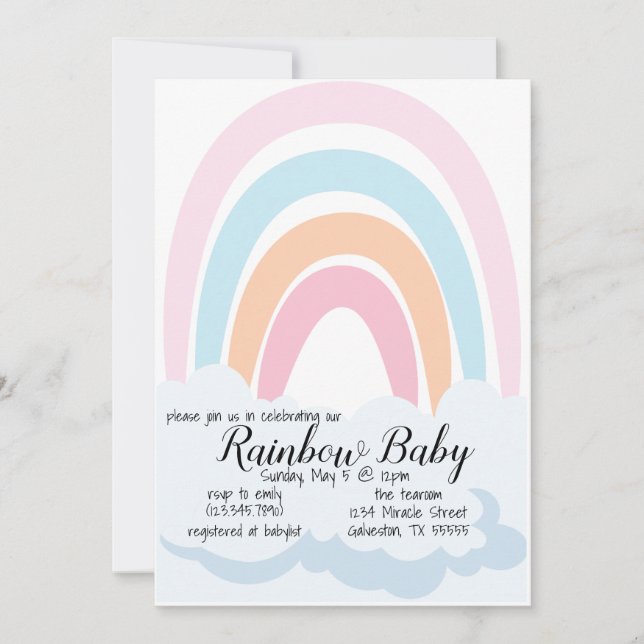 Invitación para bebé bebe con arco iris (Anverso)