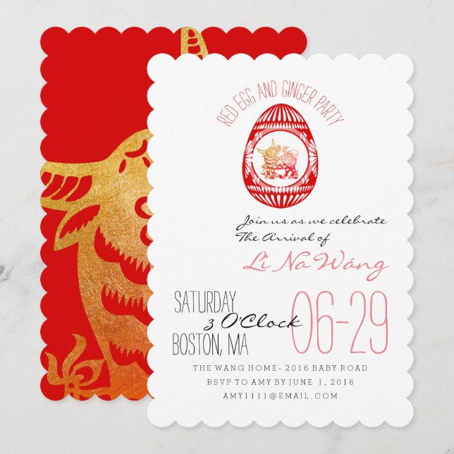 Invitación para bebé de Fiesta de huevo rojo y jen (Anverso / Reverso)