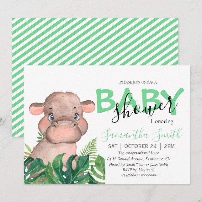 Invitación para bebé de Safari Hippo (Anverso / Reverso)