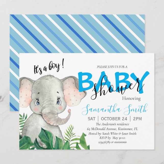 Invitación para bebé del safari de la selva elefan (Anverso / Reverso)