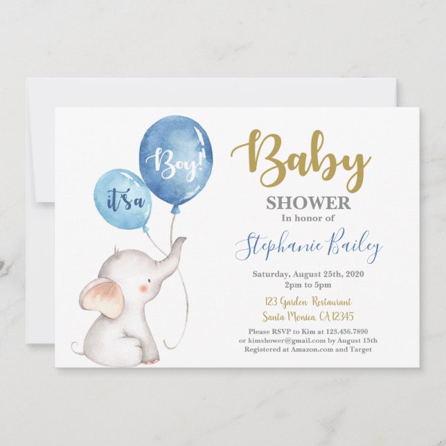 Invitación para bebé elefante Baby Shower boy (Anverso)