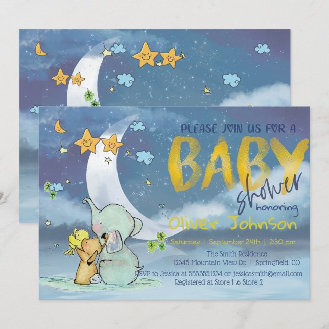 Invitación para bebé elefante Baby Shower Boy (Anverso / Reverso)