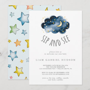 Invitación para bebé niño Luna y estrellas Sip and
