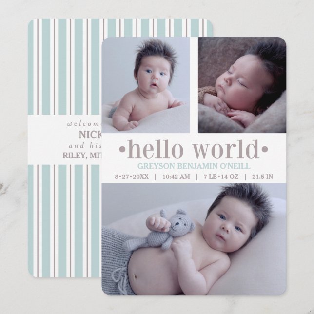Invitación para bebés Hola Mundo Taupe/Aqua 3 Foto (Anverso / Reverso)