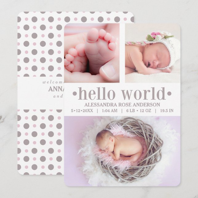 Invitación para bebés Hola Mundo Taupe/Rosa 3 Foto (Anverso / Reverso)