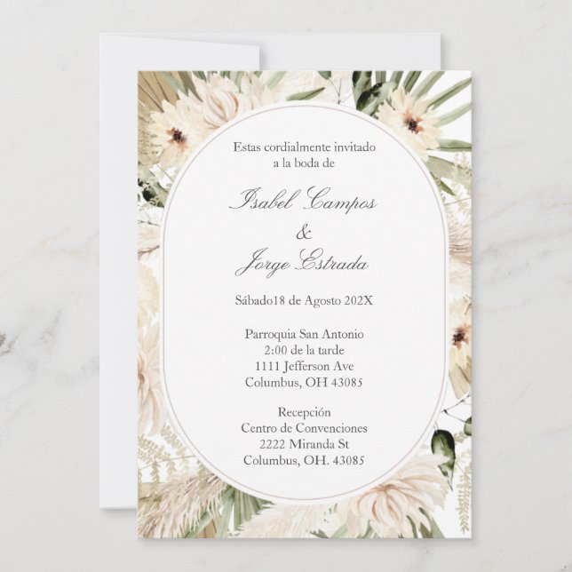 Invitación para boda con ramo de flores blancas (Anverso)