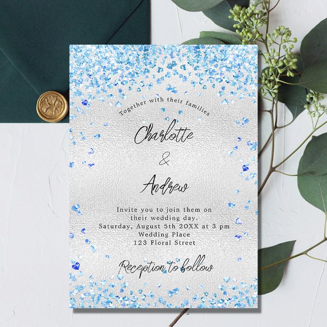 Invitación para boda de corazones azules plateados (Subido por el creador)