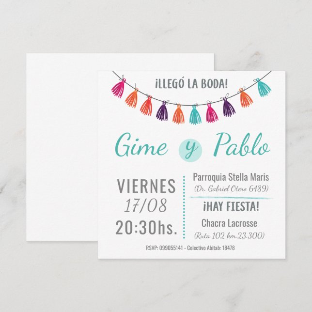 Invitacion para boda divertida y con color (Anverso / Reverso)