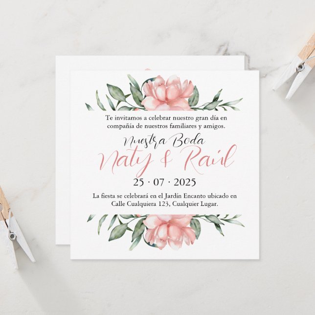 Invitación para Bodas Rosa Pastel (Anverso/Reverso In Situ)