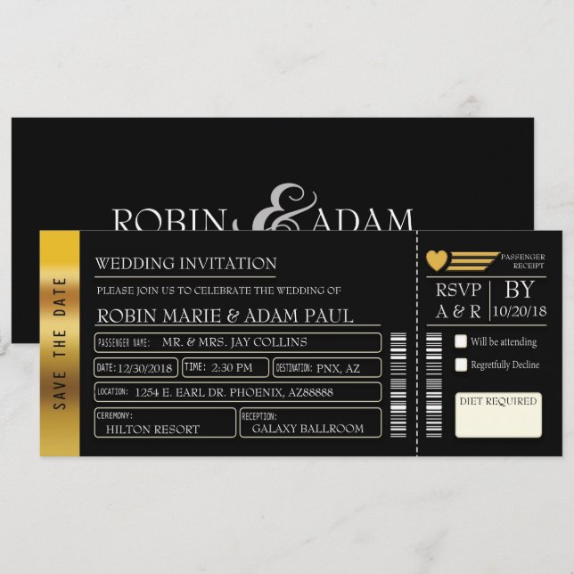 Invitación para boletos de Boda dorado y negro (Anverso / Reverso)