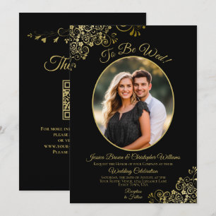 Invitación Para Casarse Código QR Negro y Dorado y Foto de Bo