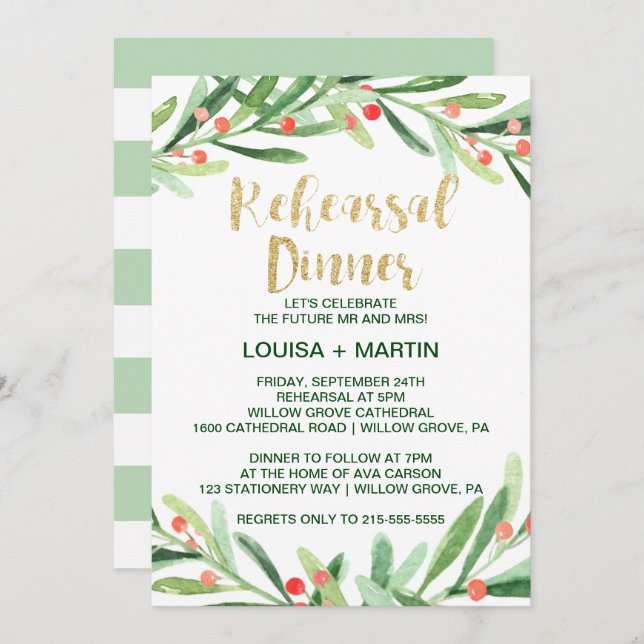 Invitación para Cena de Ensayo con Corona de Acebo (Anverso / Reverso)