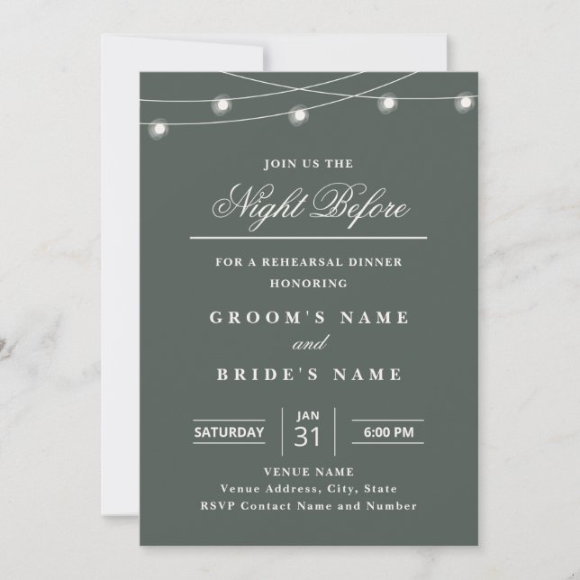 Invitación para Cena de Ensayo con Luces de Cadena (Anverso)