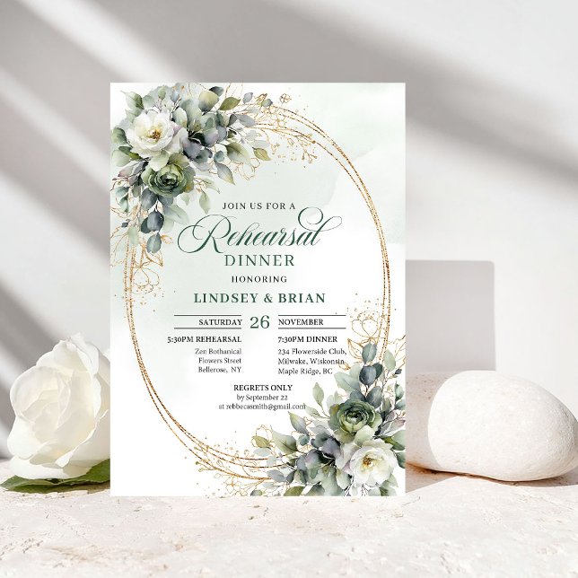 Invitación para Cena de Ensayo de Acuarela Verde D (Green Gold Watercolor Rehearsal Dinner Invitation)