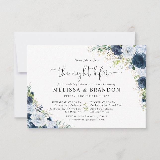Invitación para Cena de Ensayo Floral Azul Marinho (Anverso)