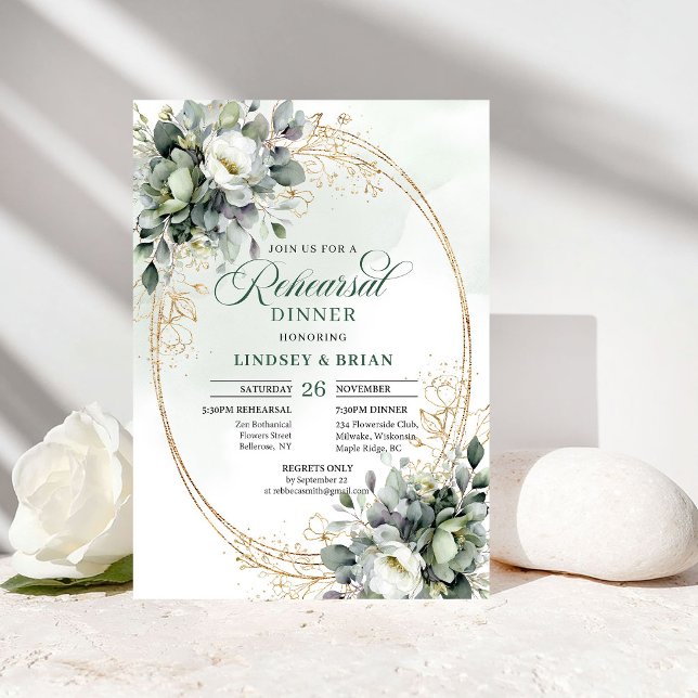 Invitación para Cena de Ensayo Verde y Blanco con  (Watercolor Green White Rehearsal Dinner Invitation)