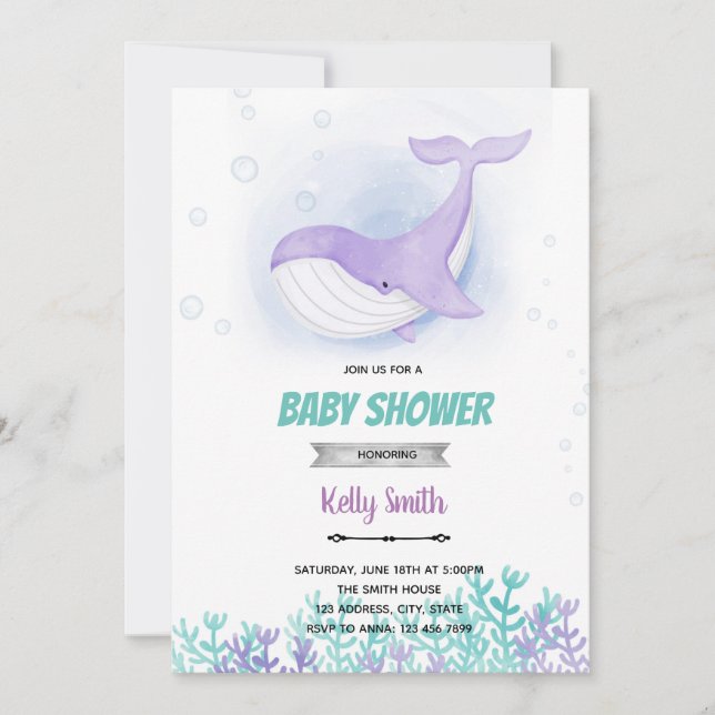 Invitación para chica de bebé de ballena (Anverso)