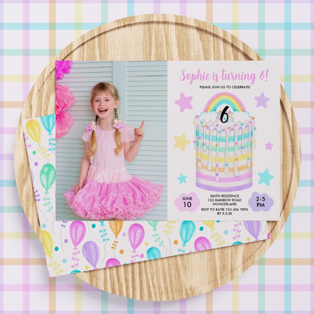 Invitación para Chicas a la fiesta de cumpleaños d (Girls' Rainbow Cake Birthday Invitation)