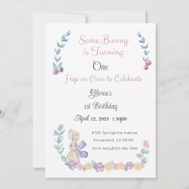 Invitación para conejitos, primer cumpleaños, segu (Anverso)