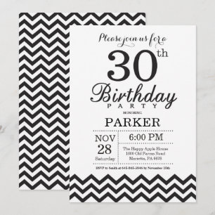 Invitación para cumpleaños 30 con Chevron negro y 