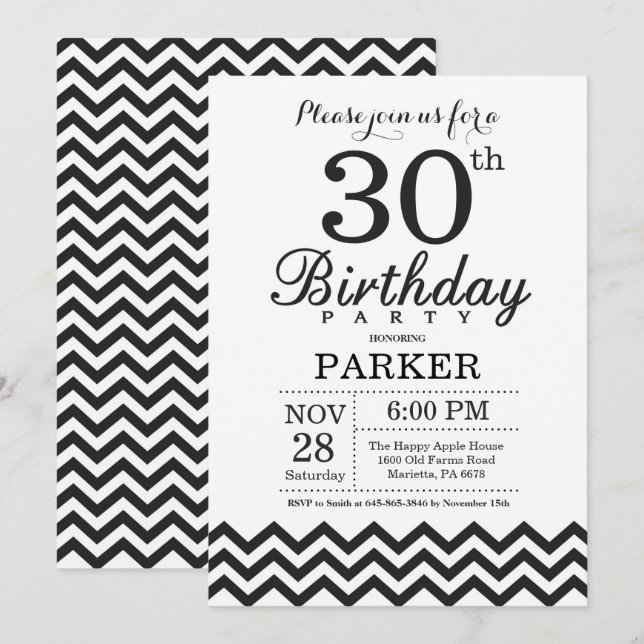 Invitación para cumpleaños 30 con Chevron negro y  (Anverso / Reverso)