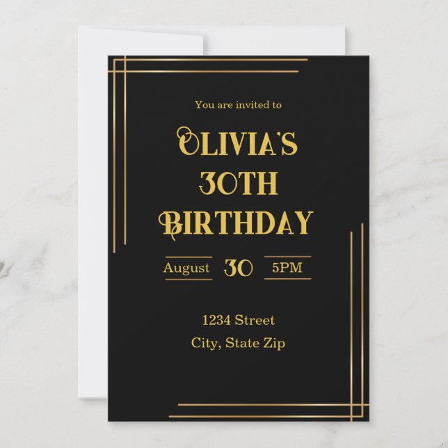 Invitación para cumpleaños 30 - Negro y dorado | E (Anverso)