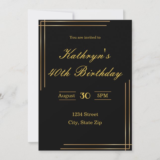 Invitación para cumpleaños 40 - Negro y dorado | E (Anverso)
