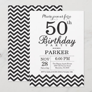 Invitación para cumpleaños 50 negro y blanco Chevr