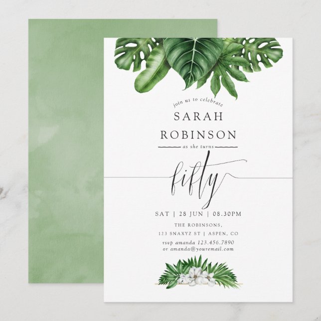 Invitación para Cumpleaños 50 Tropical con Vegetac (Anverso / Reverso)