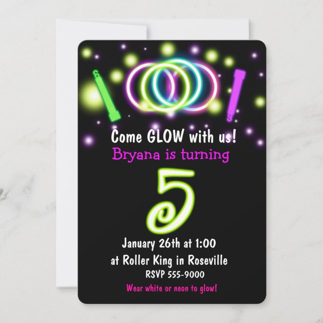 Invitación para Cumpleaños 5 Años GLOW Lights Edad (Anverso)