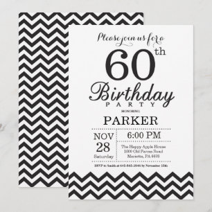 Invitación para cumpleaños 60 negro y blanco Chevr
