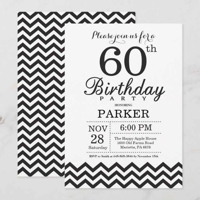 Invitación para cumpleaños 60 negro y blanco Chevr (Anverso / Reverso)