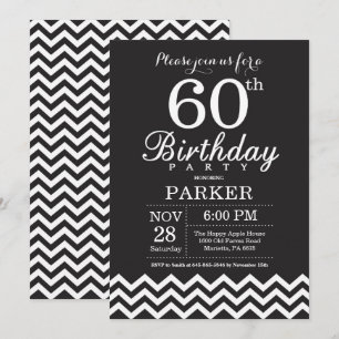 Invitación para cumpleaños 60 negro y blanco Chevr