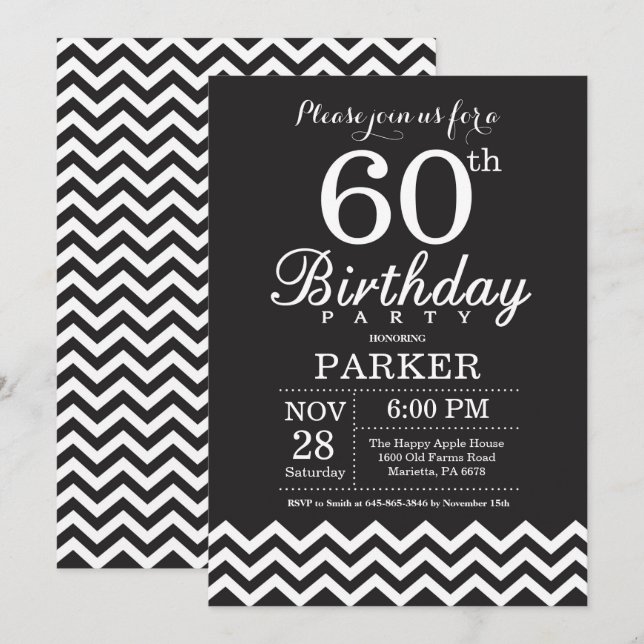 Invitación para cumpleaños 60 negro y blanco Chevr (Anverso / Reverso)