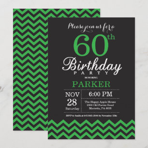 Invitación para cumpleaños 60 negro y Chevron verd