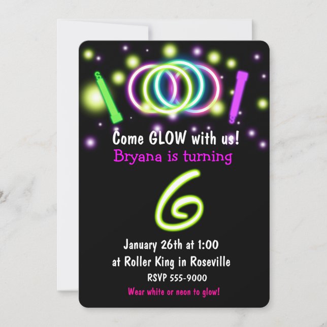 Invitación para Cumpleaños 6 años con Luces GLOW E (Anverso)